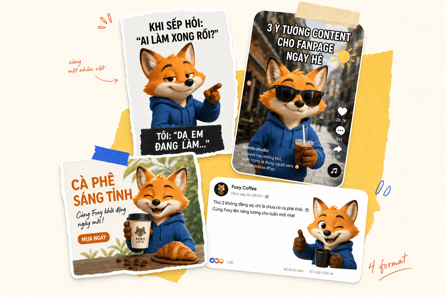 Cùng nhân vật cáo Foxy trong meme, TikTok, quảng cáo cà phê và bài đăng fanpage